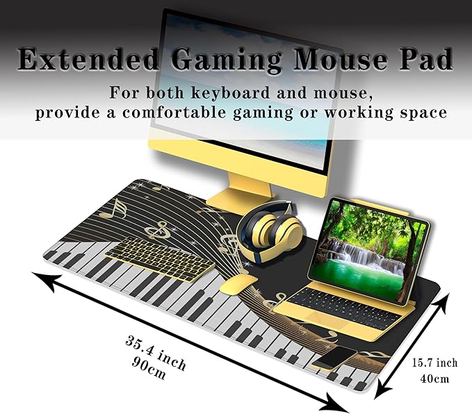Large Mousepad Music Notes Keyboard Pad Large Gaming Mouse Pads XXL Mouse Pad Gaming Non-Slip Rubber Base 35.4 X 15.7 for Game Office, Black Piano Musical Instrument and Notes