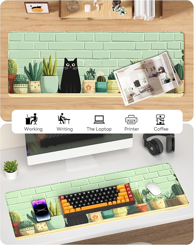Black Cat Mouse Pad, 31.5 x 11.8 Large Desk Mat with Stitched Edges & Non-Slip Base, Mousepad for Office, Home, Work