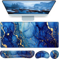 Desk Mat Blue, Large Gaming Mouse Pad with Wrist Rest, 4in1 XXL Mousepad+Keyboard Wrist Rest+Mouse Pad Wrist Support+Cup Coaster Set Ergonomic Computer Desk Arm Wrist for Decor Home Office Women