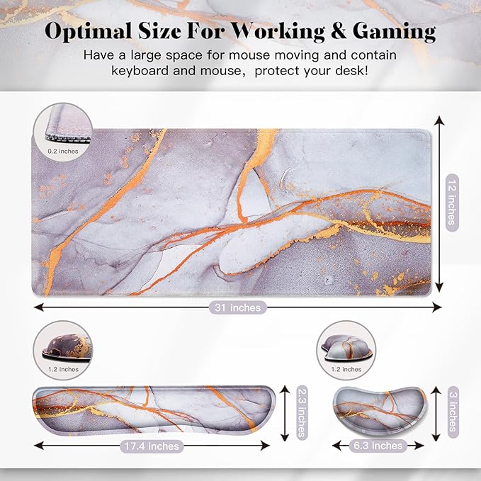 Gimars 4 in 1 Mouse Pad and Keyboard Wrist Rest Set, Large Mouse Pad with Memory Foam Wrist Support Pad for Desk with Coaster, Easy Typing, Gaming Office Home, 31.5x12 inch, Gray Golden