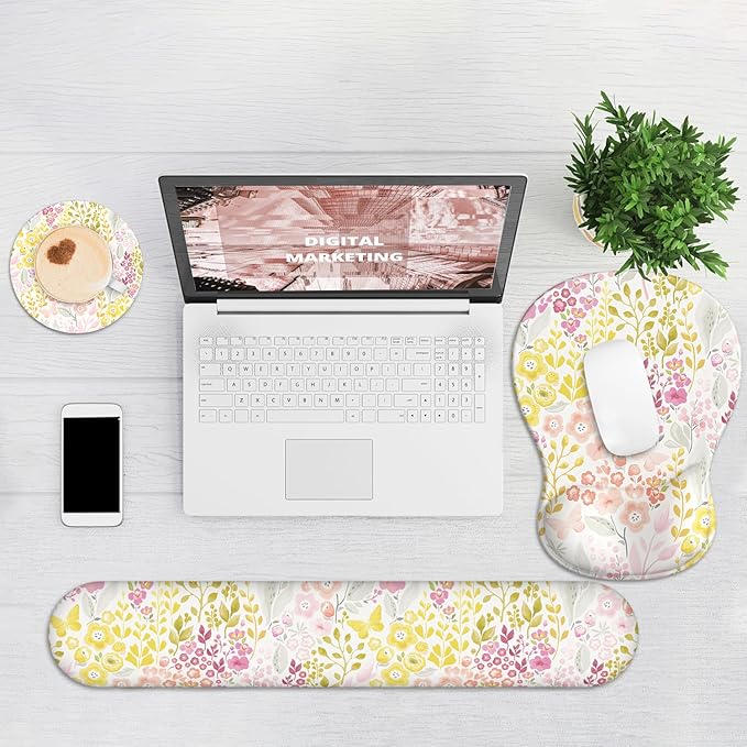 Ergonomic Mouse Pad with Wrist Rest and Keyboard Wrist Rest, Gel Mousepad and Wrist Rest for Computer Keyboard, Non-Slip PU Base, Mouse Pad Wrist Support for Gaming, Pink Yellow Flowers