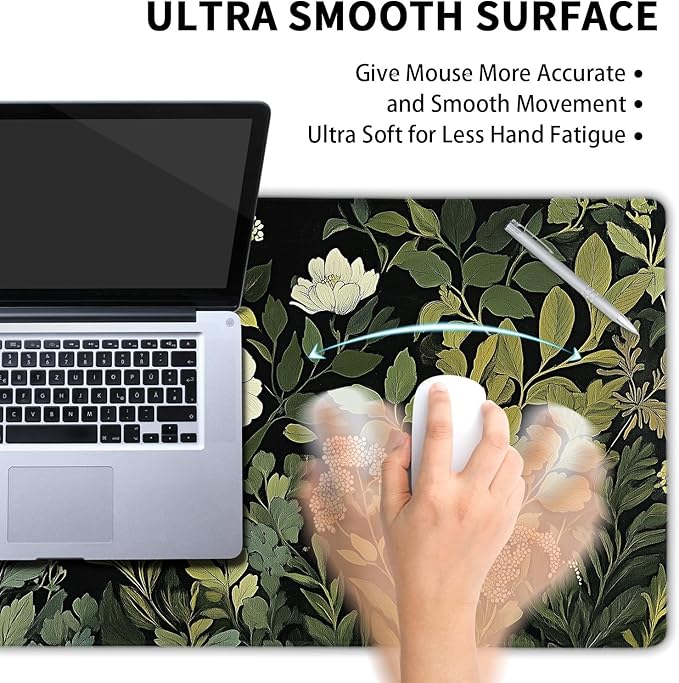 Green Leaves Mouse Pad XXL Botanical Plants Beige Floral Extended Table Mat 90X40 cm Non-Slip Rubber Base Stitched Edge Large Mousepad for Gaming Laptop Computer Desk Top 35.4×15.7 Inch