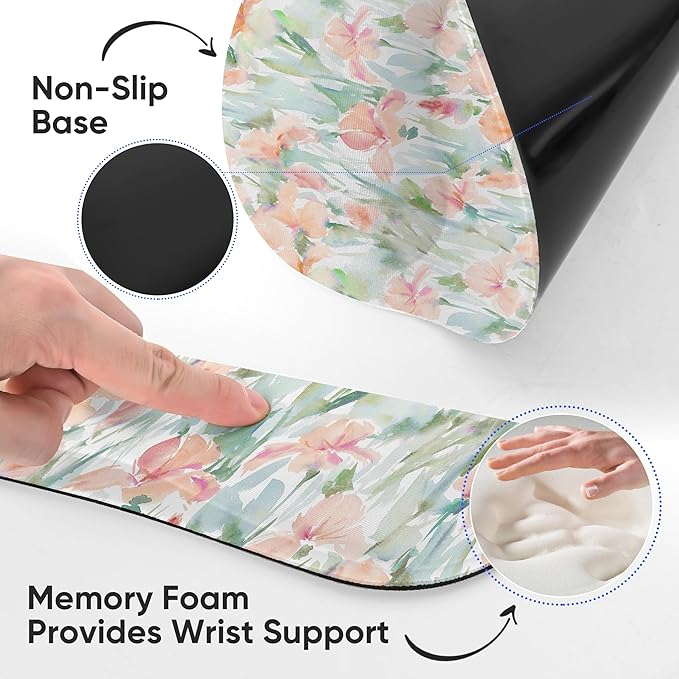 Ergonomic Keyboard Mouse Pad Wrist Rest Support Set for Laptop/Computer/Desktop,Memory Foam Hand Rest Wrist Cushion for Gaming/Office,Lightweight Comfortable (Watercolor Flowers)