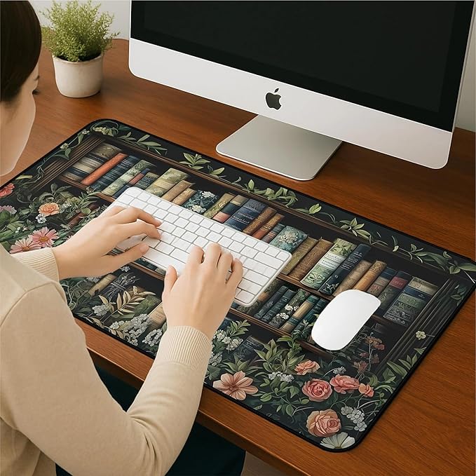 Flower Book Desk Mat, Colorful Mousepad XXL, Large Vintage Game Pad, Computer Keyboard Mouse Pad, with Stitched Edges, Non-Slip Rubber Base Deskpad, Women Home Office Accessories 31.5"X15.7"