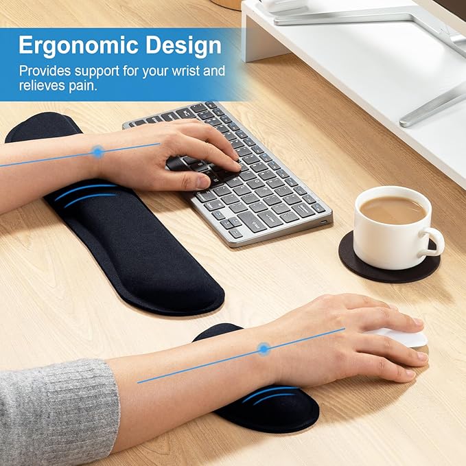 Leolee Gel Memory Foam Keyboard Wrist Rest, 5 in 1 Wrist Rest for Computer Keyboard and Mouse Set, Black Ergonomic Wrist Support with Non-Slip Base for Pain Relief, Typing, Gaming, Office
