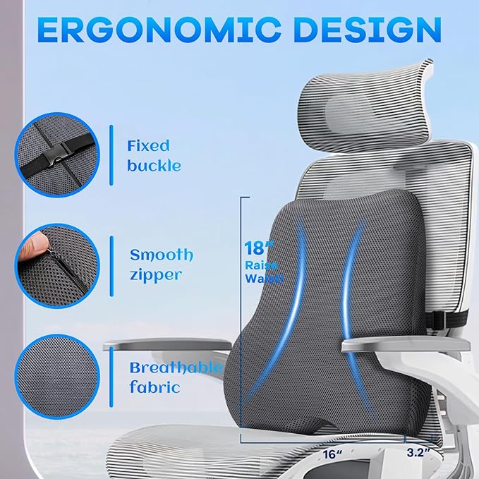 Gel Seat Cushion & Lumbar Support Pillow Set, Cooling Memory Foam for Coccyx & Lumbar Ergonomic Support, Ergonomic Desk Chair Cushion with Breathable Mesh Cover for Car, Home, Wheelchair (Grey)