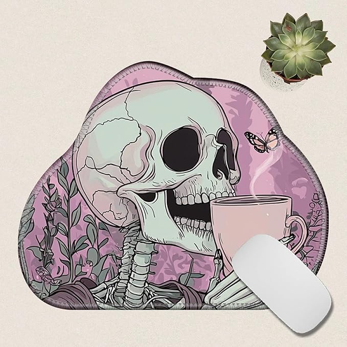 Cute Mouse Pad Plus 1 Coaster, Small Gaming Mouse Mat 11.8 x 9.45 inches, Travel Mouse Pads with Durable Stitched Edges Non-Slip Base, Skull Coffee Pink Decor Mousepad for Office Home