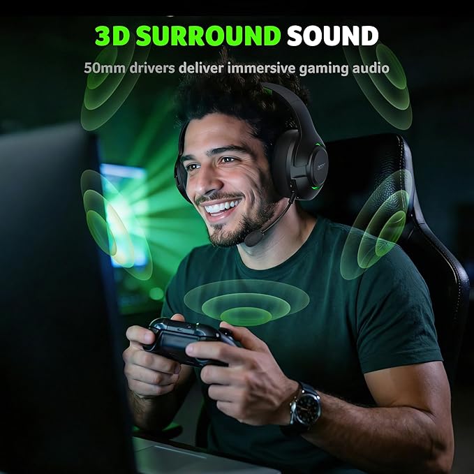 acer Wireless Gaming Headset for Xbox Series X|S & Xbox One, Bluetooth 5.4 Headphones with Noise Canceling Mic, 3D Surround Sound, 40H Battery, Compatible with PC, PS5, Switch, Mac - Black Green