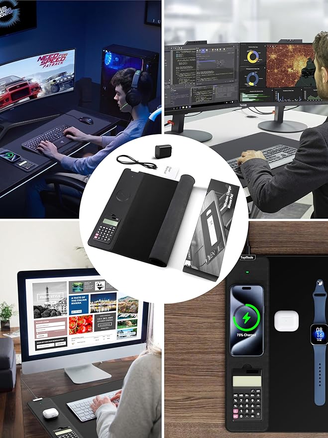 TopMade Mouse Pad with 15W Wireless Charging, Removable 8-Digit Solar Calculator, Exact Large Desk Pad, Waterproof Mousepad Home Office Desk Mat (Includes 20W PD Power Adapter & 6.56ft Woven Cable)