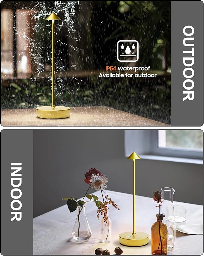 Cordless Table Lamps Rechargeable, 6000mAh Battery Operated LED Desk Lamp Outdoor Waterproof Portable Touch Dimmable Table Light for Patio Restaurant Dining Home Set of 2 Brass