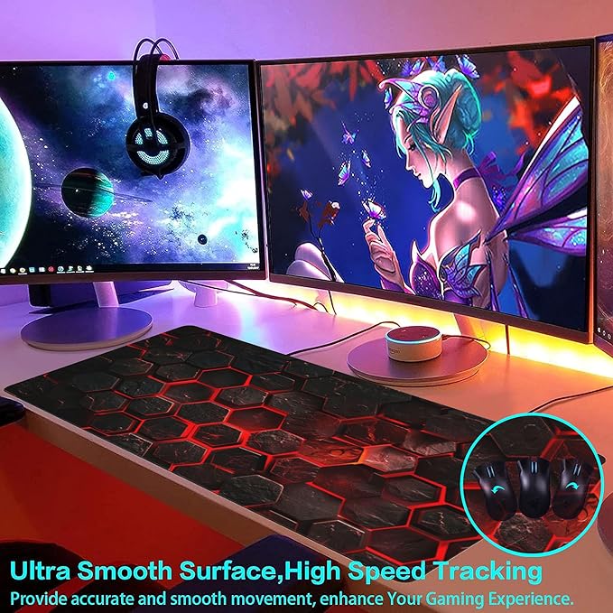 Large Gaming Mouse Pad for Desk,Red Honeycomb Science Technology Desk Mat,Honeycomb Hexagon Desk Pad,Extended Big Computer Keyboard Mouse Pad with Non-Slip Base Stitched Edges 35.4"x15.7"