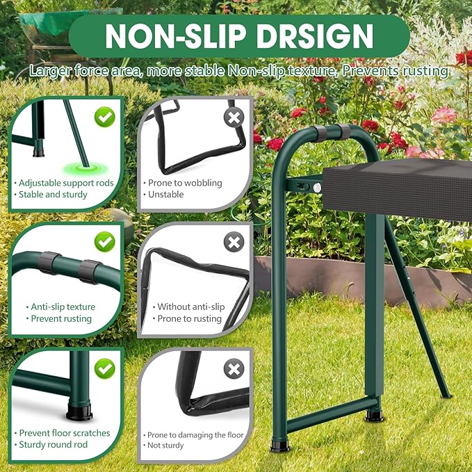 Heavy Duty Garden Kneeler & Seat with Support Legs, 400lbs Capacity Foldable Gardening Stool, Extra Thick Pad & Large Tool Organizer Bag, Ergonomic for Seniors - Dark Green