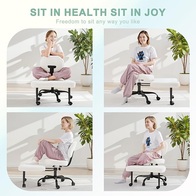 GUNJI Ergonomic Criss Cross Legged Office Chair, 360° Swivel Meditation Kneeling Chair with Wheels, ADHD Chair with Footrest, Lumbar Support, Wider Height Adjustable Seat (White, Teddy Fleece)