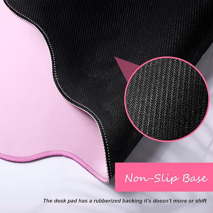 Scalloped Desk Mat Large Scalloped Piping Cute Desk Mat Aesthetic Preppy Table Pad Large Nonslip Pad with Edge Stitching Waterproof Gaming(Pink,36 x 17 Inches)