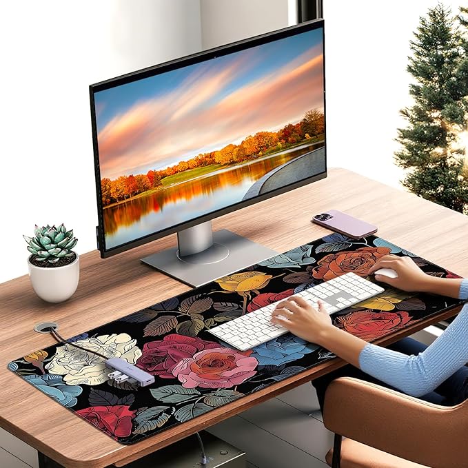 XXL Gaming Mouse Pad, Vintage Roses Floral Design, 35.4 x 15.7 Inches, Non-Slip Rubber Base, Microfiber Cloth, Extended Rectangular