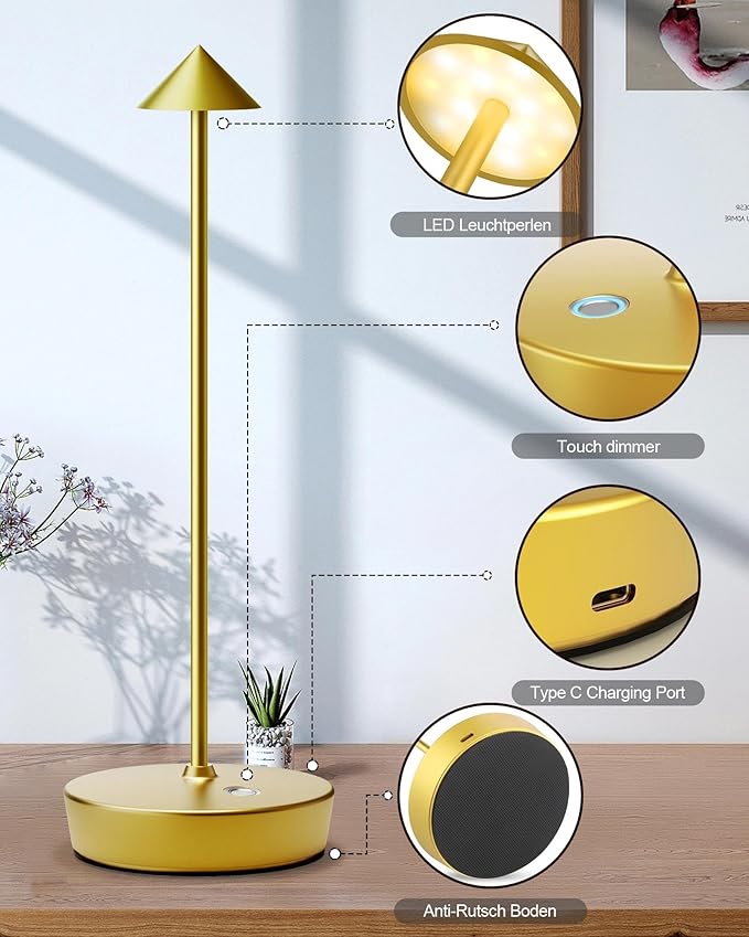 Cordless Table Lamps Rechargeable, 6000mAh Battery Operated LED Desk Lamp Outdoor Waterproof Portable Touch Dimmable Table Light for Patio Restaurant Dining Home Set of 2 Brass