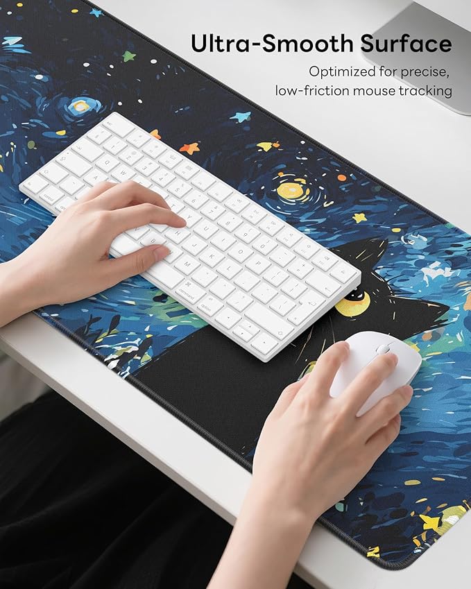 Starry Night Cat Mouse Pad, 31.5 x 11.8 Large Desk Mat with Stitched Edges & Non-Slip Base, Mousepad for Office, Home, Work