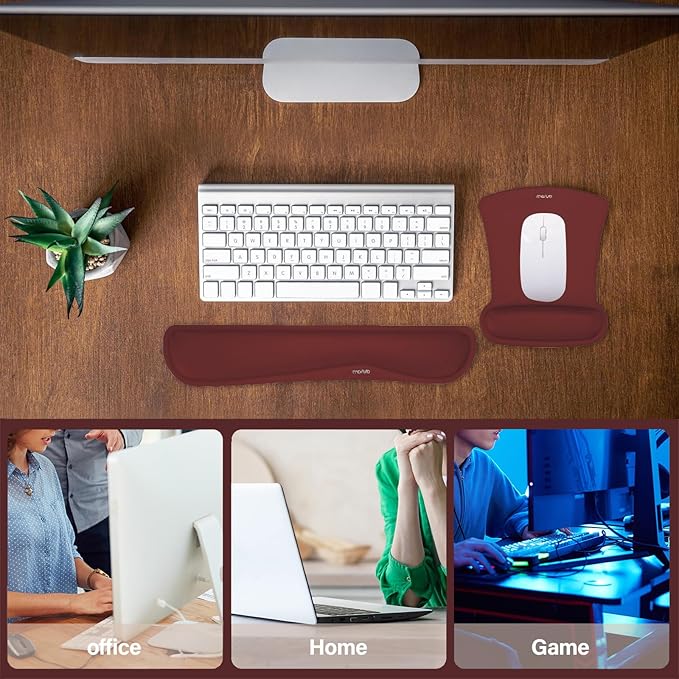 MOSISO Wrist Rest Support for Mouse Pad & Keyboard Set, Ergonomic Mousepad Non-Slip Base Home/Office Easy Typing Cushion with Neoprene Cloth & Raised Memory Foam, Wine Red