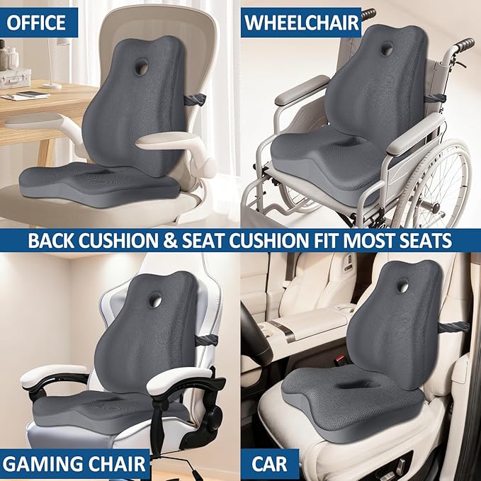 Seat Cushion, Lumbar Support Pillow for Office Chair, Memory Foam Coccyx Seat Cushion, Ergonomic Mesh Back Support Pillow, Office Desk Chair Cushion for Coccyx, Back & Tailbone Support, Grey