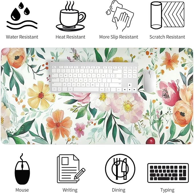 Bloss Pink+Yellow Rose Desk Mat, Leather Desk Pad, Desk Matt for Desktop, Waterproof Desk Pad Mat, Computer Mat for Office Work/Home/Decor-31.5 x 15.7 Inches