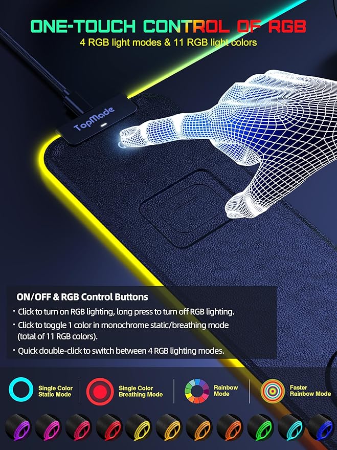 TopMade Wireless Charging RGB Mouse Pad, Waterproof Gaming Desk Pad with 4 Light Modes & 11 RGB Colors, Ultra-Smooth Surface, Non-Slip Base, 31.5"x15.75" XXL Large Desk Mat for MacBook, PC, Laptop