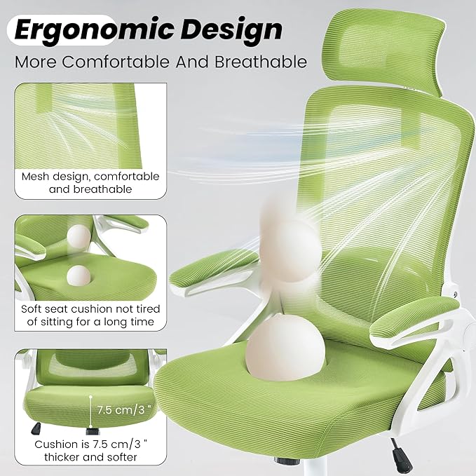 Fizzin Ergonomic Office Chair, 400 LBS Desk Chair with Adjustable Lumbar Support, High Back Breathable Mesh Computer Chair Rolling Work Swivel Task Chairs, Comfy Home Office Desk Chair (Green)