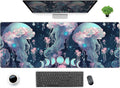 DCJJM Anime Desk Mat Jellyfish Neon Blue XL Mouse Pad Gaming Ocean Moon Computer Keyboard Pad 80 x 30cm Women Desk Protector with Stitched Edges