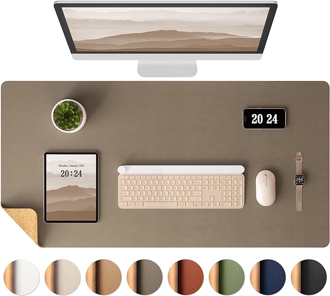 Aothia Dual-Sided Desk Pad - Leather Desk Mat, Natural Cork Desk Pad Protector, Large Mouse Pad for Desk, Waterproof Desk Blotter Pad, Desk Writing Pad for Office Work/Home, Coffee (37.8"x17")