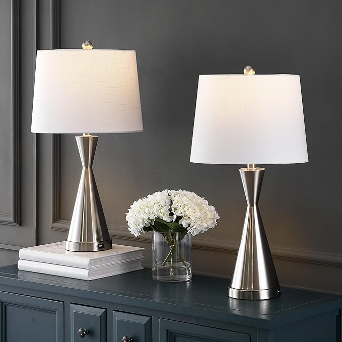 Eyely EYL4046A-SET2 Collins 26" Classic French Country Iron LED Table Lamp with USB Charging Port for Reading Room, Living Room, Office, Bedroom, Farmhouse, Coastal, Nickel (Set of 2)