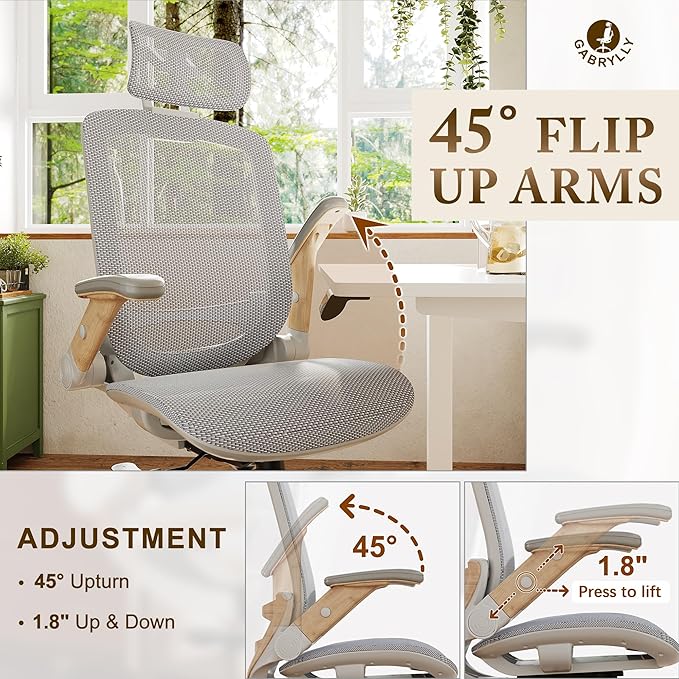 GABRYLLY Ergonomic Office Chair, High Back Home Desk Chair with Flip-Up Arms, Headrest, 90-120° Tilt and Wide Cushion, 300LBS White Mesh Chair for Work Gaming Study (GY01-NT, Woodgrain Pattern)