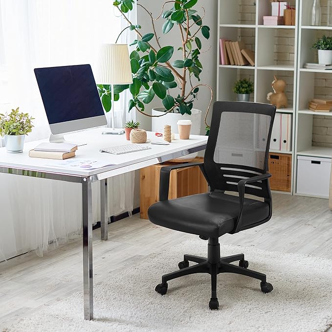Yaheetech Mid Back Mesh Office Chair with Leather Seat Executive Office Computer Task Chair with Armrests and Lumbar Support, Black
