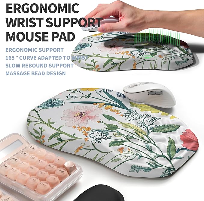 2-in-1 Ergonomic Set, Wave Keyboard Wrist Rest and Massage Slope Mouse Pad Wrist Support, Rebound Memory Foam for Ergonomic Comfort (Pink Flowers)