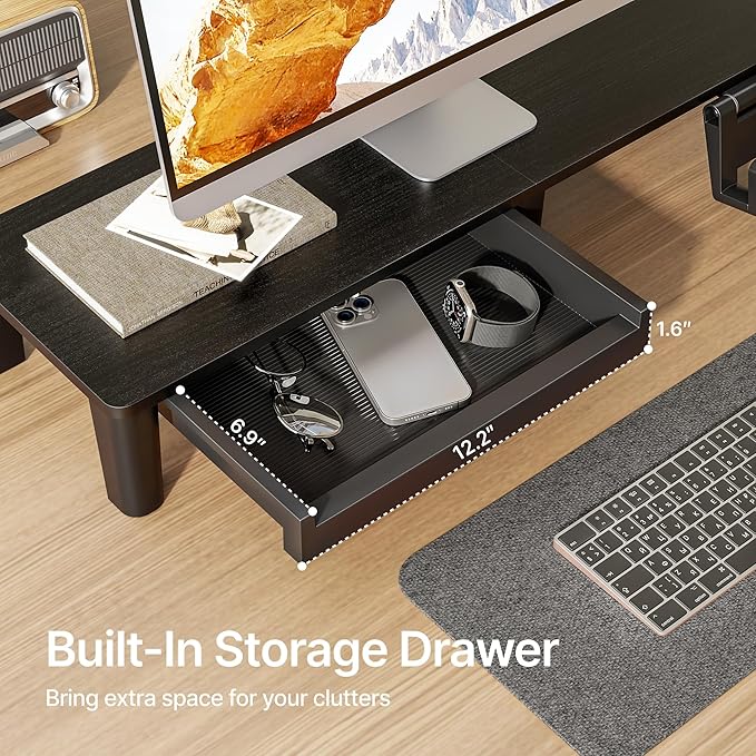Monitor Stand Riser for Desk, Ergonomic Computer Riser with Storage Drawer, Desktop Shelf Organizer for PC, Laptop, Desk Computer Riser For Home Office