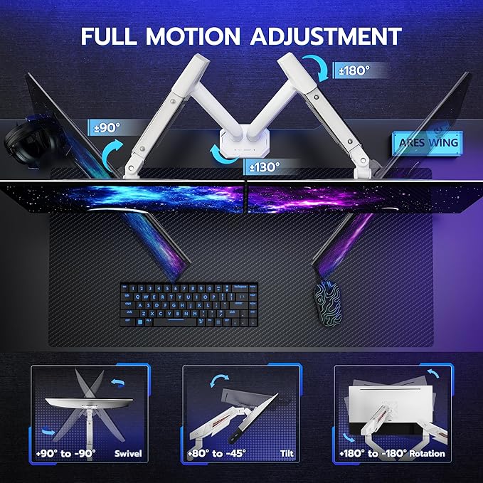 ARES WING Dual Monitor Arm for 17-35 Inch Flat Curved Ultrawide Screens Up to 26.5lbs, Fully Adjustable Dual Monitor Mount, C-Clamp & Grommet Base, 75/100 Vesa Mount, White