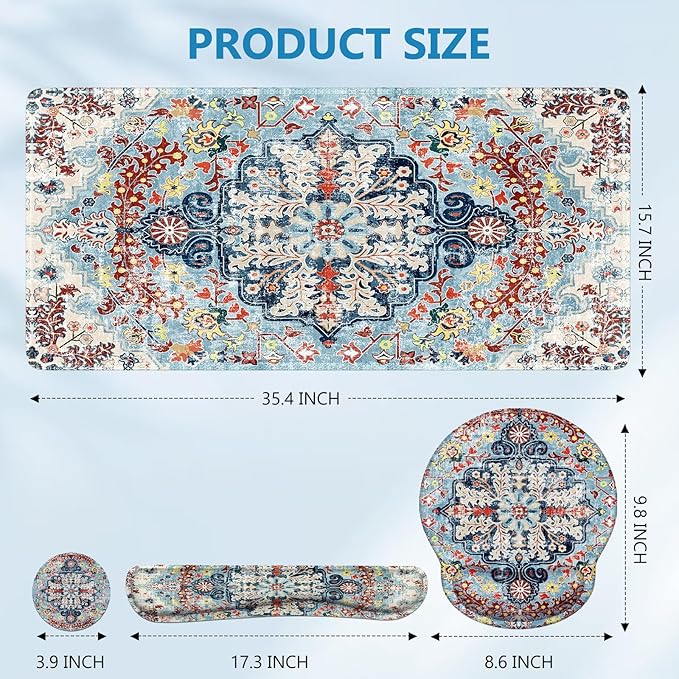 iLeadon Ergonomic Mouse Pad Set, Boho Desk Mat + Mouse Pad with Wrist Rest + Keyboard Wrist Rest + Coaster, 4in1 Mouse and Keyboard Pad Set for Home Office, Boho Rug Blue