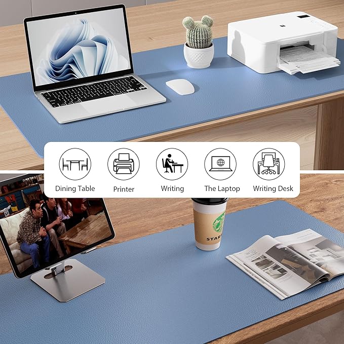 Aothia Leather Desk Pad Protector, Office Mat, Large Mouse Pad, Non-Slip PU Leather Blotter, Laptop Desk Pad, Waterproof Writing Pad for Office and Home (Denim Blue, 31.5" x 15.7")