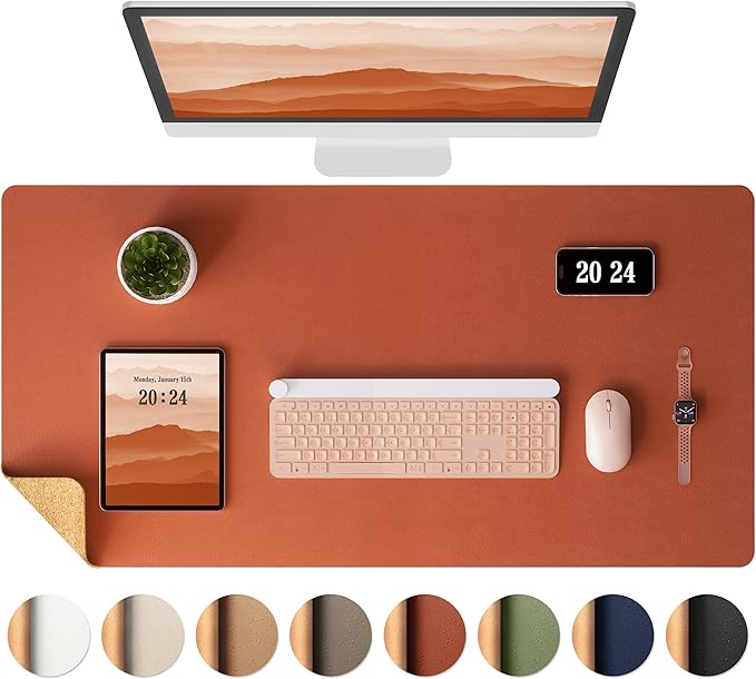 Aothia Dual-Sided Desk Pad - Leather Desk Mat, Natural Cork Desk Pad Protector, Large Mouse Pad for Desk, Waterproof Desk Blotter Pad, Desk Writing Pad for Office Work/Home, Maple Brown(35.4" x 15.7")