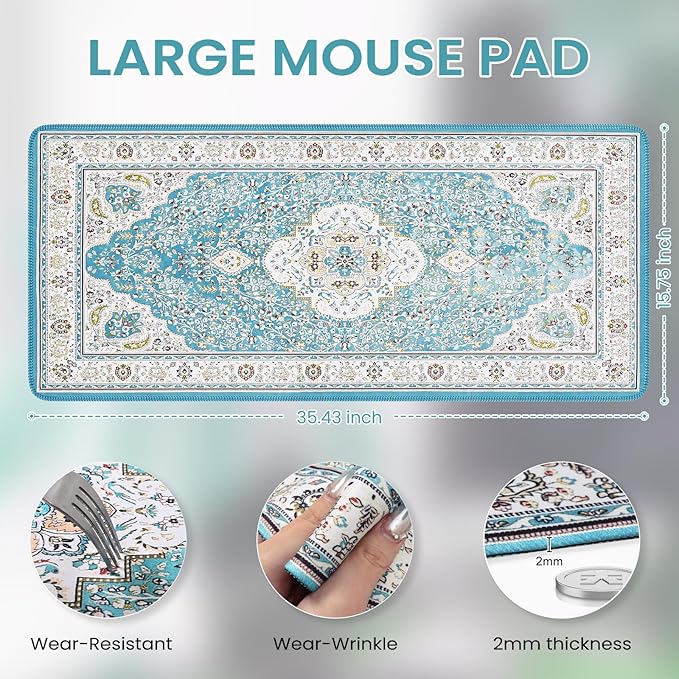 iCasso Large Desk Mat for Keyboard and Mouse,Retro Desk Pad,Non Slip Keyboard Mat with Stitched Edges,Long Extended Mouse Pad for Office Home School (35.4×15.7 Inches)
