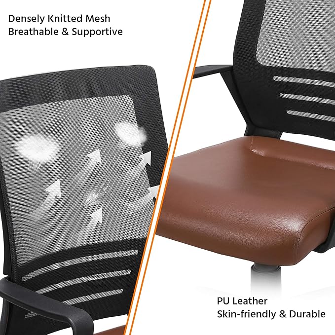 Yaheetech Mid Back Mesh Office Chair with Leather Seat Executive Office Computer Task Chair with Armrests and Lumbar Support, Brown