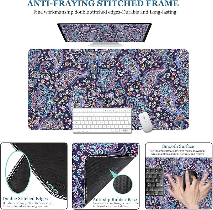 Mouse Pad Paisley Floral, Desk Mat for Desktop, Purple Flowers Desk Pad Extended XXL Large Gaming Mouse pad Anti-Slip with Stitched Edges Waterproof Computer Laptop Keyboard Desk Mat for Women Girls