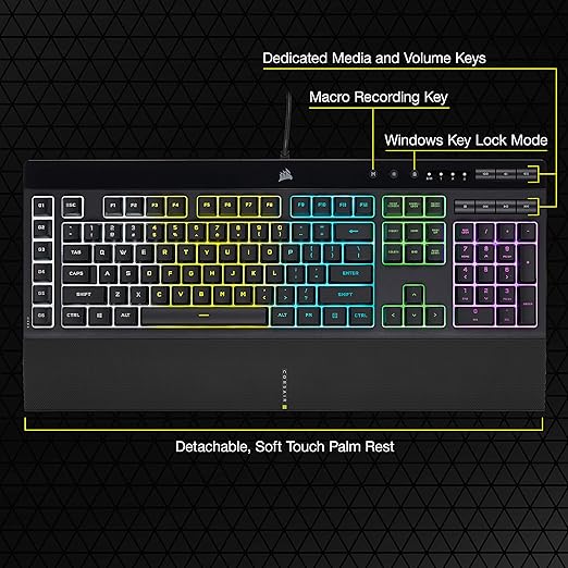 Corsair K55 RGB PRO Membrane Wired Gaming Keyboard – IP42 Dust and Spill-Resistant – 6 Macro Keys with Elgato Integration – iCUE Compatible – QWERTY NA – PC, Mac, Xbox – Black