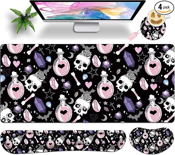 Large Gaming Mouse Pad Set 35.4 x 15.7 with Keyboard Wrist Rest, Wrist Support, and Coaster Memory Foam Smooth Desk Pad Mousepad for Home Office School - Skull Goth Magic Cute Witchy