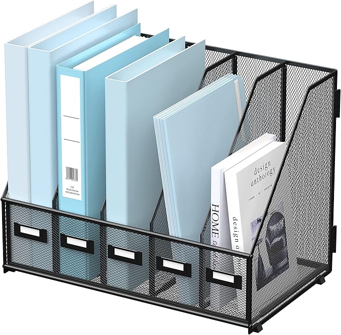 SUPEASY Desk Organizers Metal Desk Magazine File Holder with 5 Vertical Compartments Rack File Organizer for Office Desktop, Home Workspace, Black