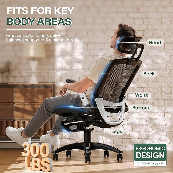 GABRYLLY Ergonomic Office Chair with Footrest, High Back Home Desk Chair - 3D Headrest, Flip-Up Arms, 135° Tilt and Wide Cushion, Heavy Duty Mesh Chairs for Task Computer Gaming, GYB01-FT