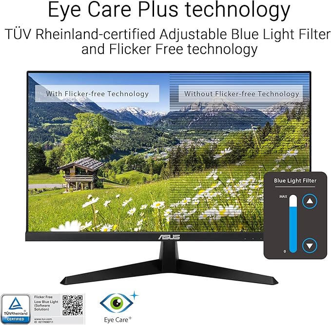 ASUS 24 inch 120Hz Gaming Office Computer Monitor (VY249HGR) - 1080p(Full HD), IPS, 120Hz, 1ms, Adaptive Sync, Eye Care Plus, Blue Light Filter, Flicker Free, SmoothMotion, DisplayWidget, 3yr warranty