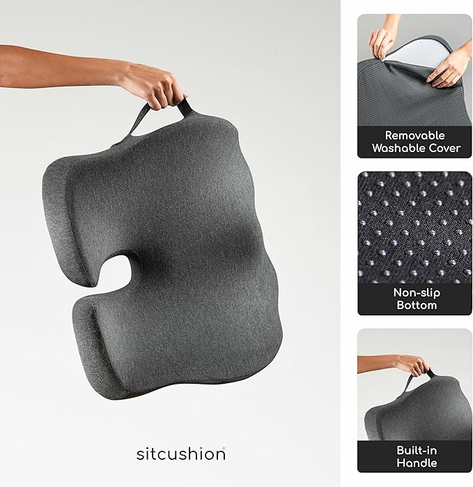 Ergonomic Seat Cushion for Coccyx & Tailbone Support – Extra Large Memory Foam Office Chair Cushion for Long Sitting, Orthopedic Coccyx Cushion for Desk Chair, Car & Wheelchair (Black)