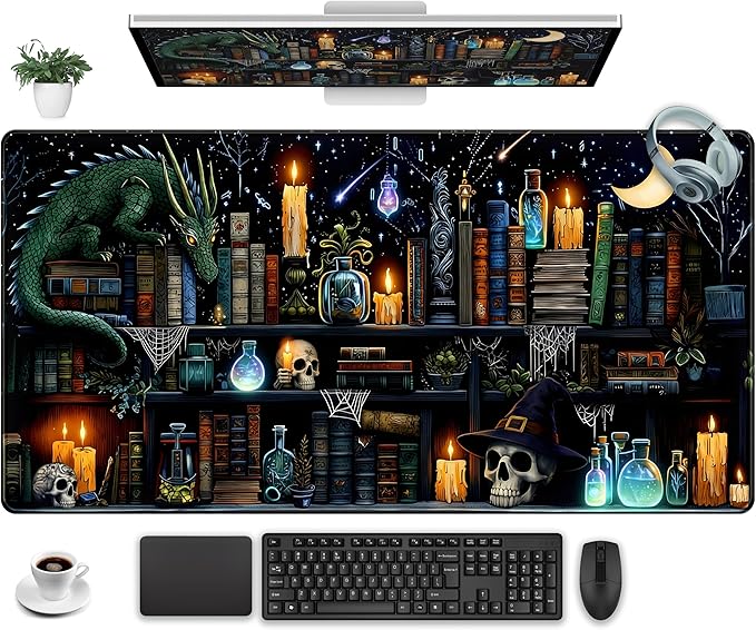 Black Desk Mat Gaming Desk Pad Large Mouse Pad, Mysterious Library Mouse Mat XXL Laptop Keyboard Pad, Vintage Gamer Mouse Pad Full Desk Mousepads Cool Office Desk Accessories 31.5"x15.7"