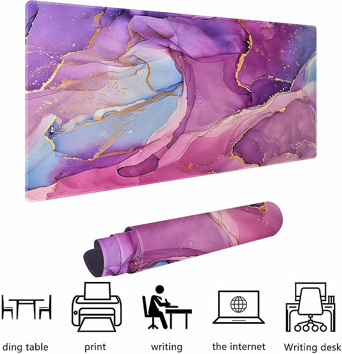 Purple Pink Gold Marble Non-Slip Rubber Large Mouse pad for Desk,Large Gaming Mouse Pad XXL Extended Mouse pad with Stitched Edges Non-Slip Base Water Resist Pad Desk Mat 35.4x15.7inch