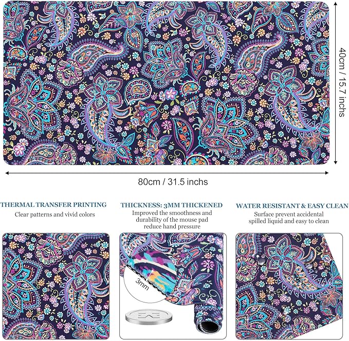 Mouse Pad Paisley Floral, Desk Mat for Desktop, Purple Flowers Desk Pad Extended XXL Large Gaming Mouse pad Anti-Slip with Stitched Edges Waterproof Computer Laptop Keyboard Desk Mat for Women Girls