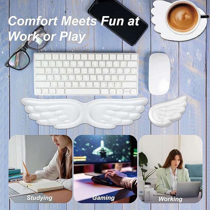 Angel Wing Wrist Rest,Cute Wrist Rest for Keyboard and Mouse,Hand Rests Set Include Ergonomic Keyboard & Mouse Hand Rest and Coaster,Filled Resilient Memory Foam,for Work,Study,Gaming (Black)